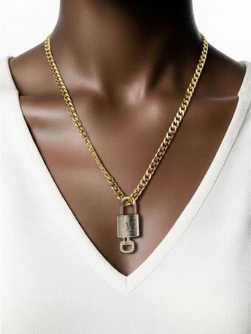 Stainless Steel Gold-Plated Necklace with Authentic Louis Vuitton Padlock - Picture 2 of 11